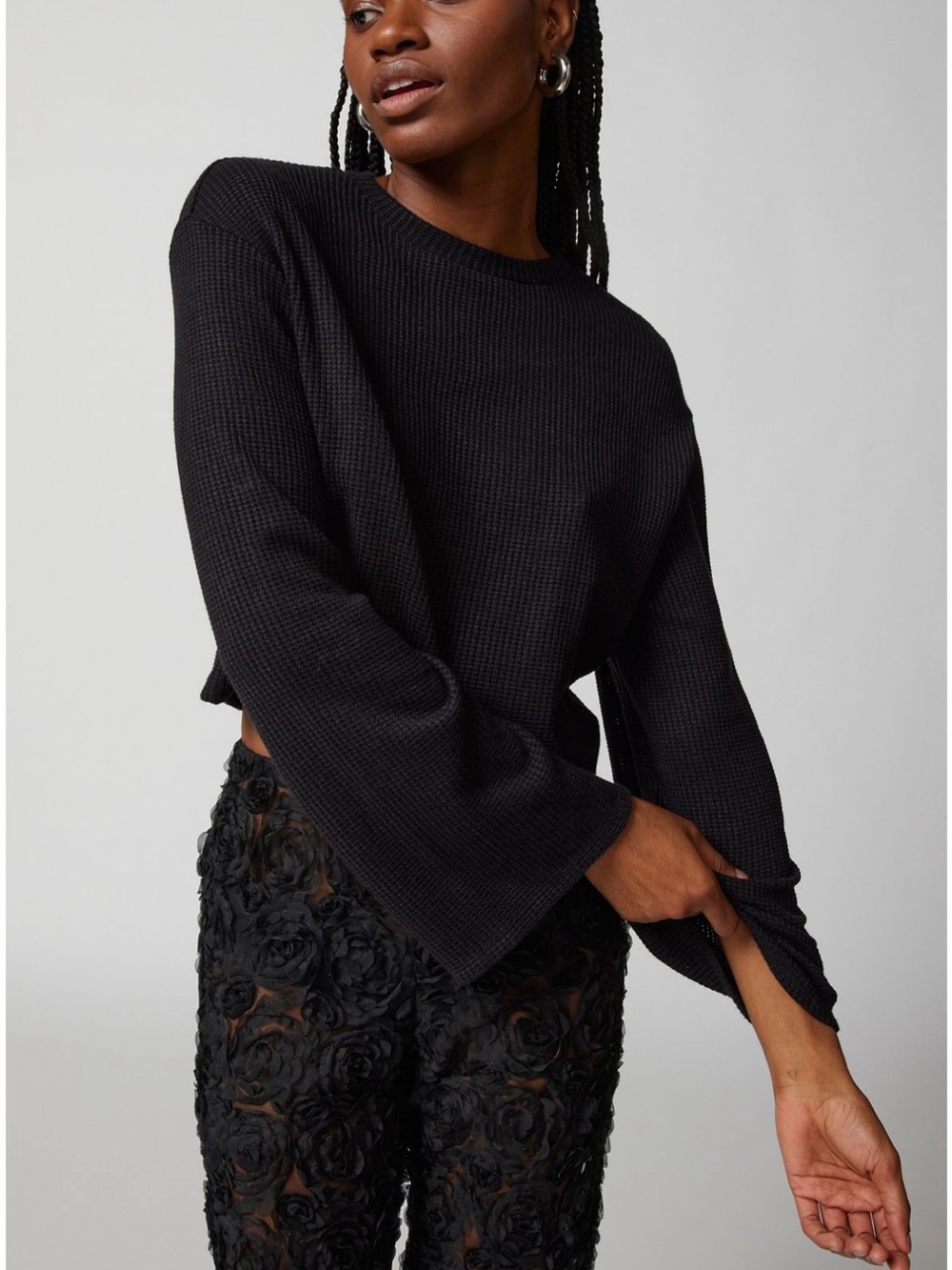 Urban Renewal Black Waffle-Knit Cropped Long Sleeve